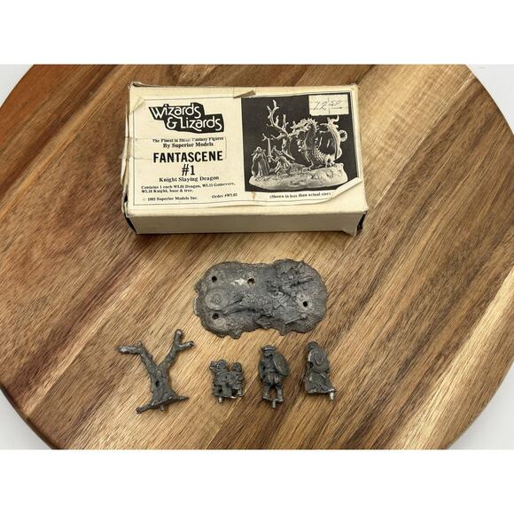 Vintage 1982 Wizards & Lizards Fantascene Knight Slaying Dragon Lead Figures Set - Picture 2 of 16